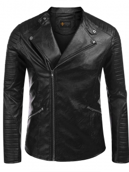 

Black Stand Collar Long Sleeve PU Faux-Leather Moto Jacket, Multicolor