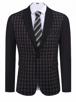

Black Men Fashion Notch Lapel Plaid Patchwork Slim Fit One Button Casual Blazer, Multicolor