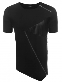 

Black O-Neck Short Sleeve Zipper Patchwork Irregular T-Shirt, Multicolor