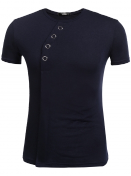 

Blue Men's Short Sleeve Solid O-Neck Oblique Placket Slim Fit T-Shirt, Multicolor