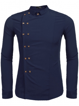 

Blue Men's Long Sleeve Double-breasted Oblique Placket Shirt, Multicolor