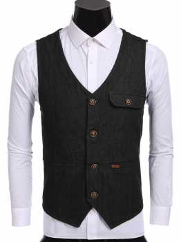 

Black Men Sleeveless V-neck Single-breasted Vest Denim Slim Fit Casual Tank Outwear, Multicolor