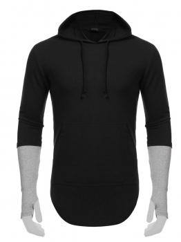 

Black Men Patchwork Sleeve Hooded Pullover Hoodie Front Pockets Loose Casual Tops, Multicolor