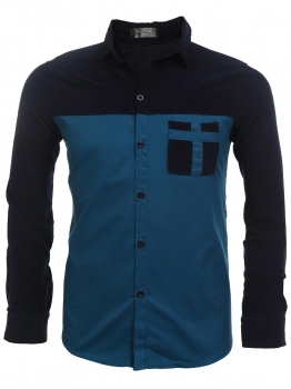 

Blue Men's Long Sleeve Patchwork Slim Fit Button Down Collar Shirt, Multicolor