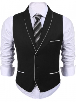 

Black Shawl Lapel Sleeveless Patchwork Slim Fit 3-Button Business Suit Vest, Multicolor
