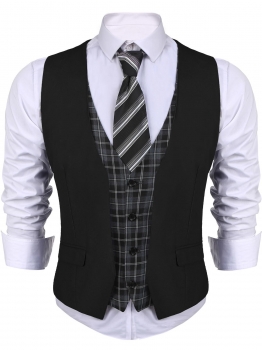 

Black Men V-Neck Sleeveless Plaid Patchwork Slim Fit 4-Button Business Suit Vest, Multicolor