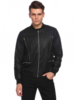 

Black Long Sleeve Zip-Up Faux Leather Unfilled Bomber Jacket, Multicolor