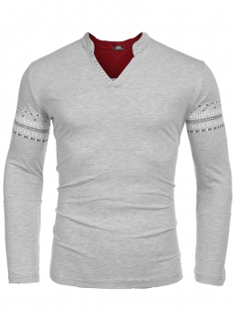 

Grey Men's Ethnic Style Long Sleeve V Neck Print Slim T-Shirt, Multicolor