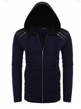 

Blue Men Drawstring Hooded Long Sleeve Patchwork Zip Up Casual Hoodie with Pocket, Multicolor