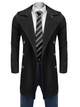 

Black Men Turn Down Collar Double-breasted Solid Casual Long Trench Coat w" Belt, Multicolor