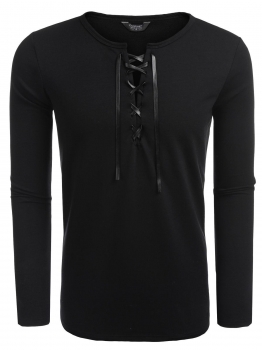 

Black Men Fashion Lace-up Front Solid Long Sleeve T-Shirt, Multicolor