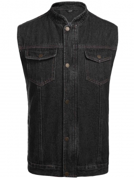

Black Men Denim Stand Collar Sleeveless Vest Front Pocket Slim Fit Tank Outwear, Multicolor