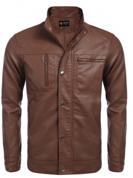 

Brown Men Long Sleeve Stand Collar PU Jacket Slim Fit Solid Motorcycle Outwear, Multicolor
