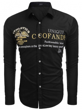 

Black Men's Fashion Long Sleeve Letter Print Casual Button Down Shirt, Multicolor