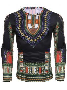 

Green Men's Ethnic Long Sleeve O Neck Print T-Shirt, Multicolor