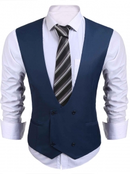 

Blue Men V-Neck Sleeveless Double-breasted Solid Slim Fit Business Suit Vest, Multicolor