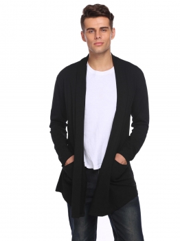 

Black Men Long Sleeve Open Front Cardigan Solid Casual Outwear Coat Side Pockets, Multicolor