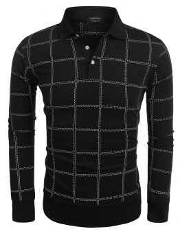 

Black Men Long Sleeve Turn Down Collar Plaid Polo Shirts Slim Fit Work Casual Tops, Multicolor