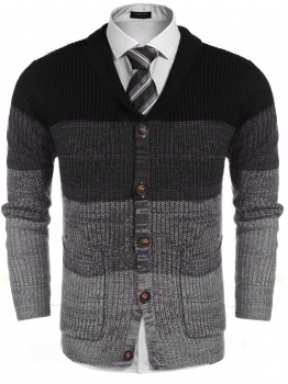 

Black Men Long Sleeve Turn Down Collar Patchwork Knit Cardigan Single Breasted Sweater, Multicolor