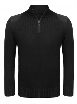 

Black Men's Stand Collar Zipper Patchwork Casual Knitted Pullover Sweater, Multicolor