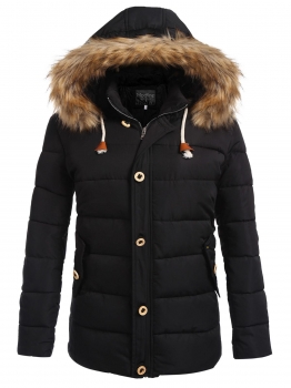 

Black New Men Casual Fur Collar Hooded Thicken Long Sleeve Solid Coat Down Jackets, Multicolor