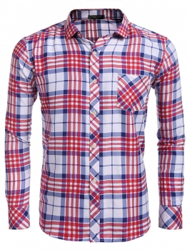

Red Men Long Sleeve Plaid Single Pocket Button Front Shirts Regular Size, Multicolor