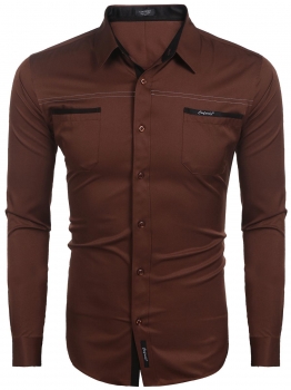 

Dark brown Men Long Sleeve Patchwork Slim Fit Casual Button Down Shirt w" Pocket, Multicolor