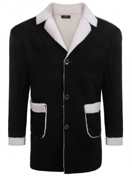 

Black Men Winter Warm Lapel Fuax Suede Single-breasted Coat w" Fleece Lined, Multicolor