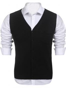 

Black Men V-Neck Button-Front Solid Slim Fit Thin Knit Sweater Vest w" Pocket, Multicolor