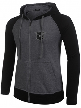 

Dark Grey Men Long Sleeve Drawstring Hooded Patchwork Embroidery Zip Up Fleece Hoodies, Multicolor