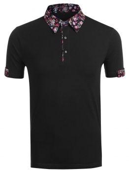 

Black Men Short Sleeve Floral Patchwork Casual Polo Shirts, Multicolor