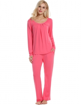 

Purple Women O-Neck Long Sleeve Solid Pleated Sleepwear Set with Pockets Shapewear & Pajamas, Multicolor