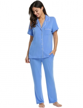 

Blue Women Casual Sleepwear Short Sleeve Solid Set with Pj Pants Shapewear & Pajamas, Multicolor