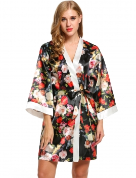 

Black Womens 3"4 Sleeve Collarless Floral Print Contrast Color Kimono Robe Shapewear & Pajamas, Multicolor