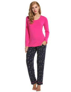 

Dark blue Women Solid Long Sleeve T-Shirt and Printed Pants Casual Set Shapewear & Pajamas, Multicolor