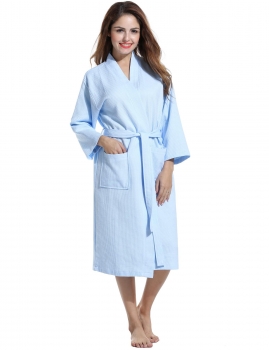 

Blue Womens Waffle Weave Robe Square pattern Kimono Collar Spa Bathrobe Shapewear & Pajamas, Multicolor