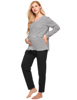 

Black Long Sleeve Striped Maternity Nursing Lounge Pajamas Set, Multicolor
