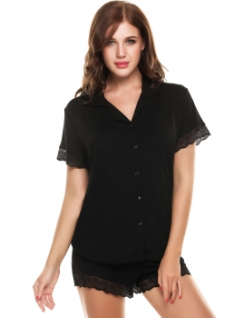 

Black Turn Down Collar Short Sleeve Lace Patchwork Slim Pajamas Set, Multicolor