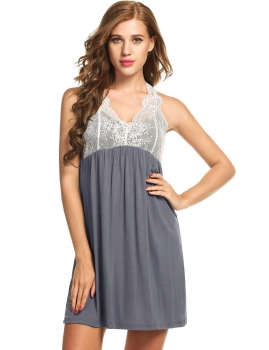 

Gray Women Sleeveless Patchwork V Neck Hollow Out Lace Nightgown Sleepwear, Multicolor