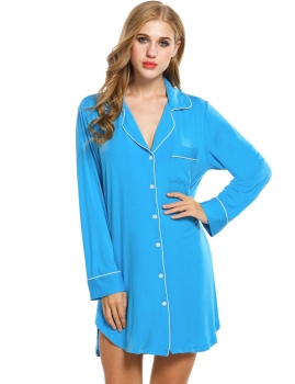 

Blue Womens Long Sleeve Solid Button Down Collar Nightgown Above Knee Sleepwear Contrast Color Shapewear & Pajamas, Multicolor