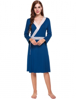 

Blue Long Sleeve Lace Patchwork Self Belt Knee length Robe, Multicolor