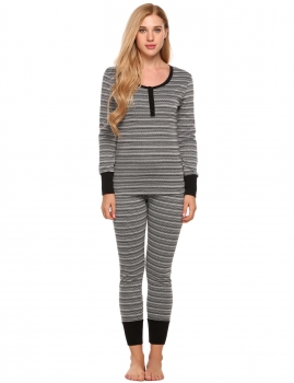

Black Long Sleeve Striped Top and Pants Thermal Underwear Pajamas Set, Multicolor