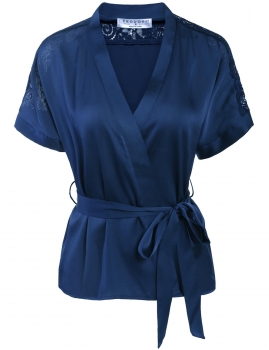 

Women Elegant Chiffon Belt Closure Short Sleeve Top and Pants Pajama Set, Multicolor