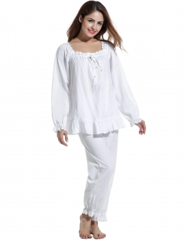 

Womens Cotton Blend British Vintage Sleepwear Long Sleeve Solid Pajamas Set, Multicolor