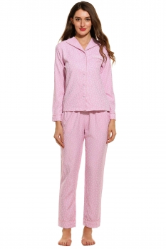 

Pink Women Sleepwear Set Turn-down Collar Long Sleeve Prints Top with Pants Shapewear & Pajamas, Multicolor