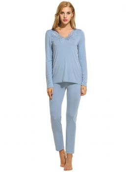 

Long Sleeve Solid Slim V Neck Skinny Pajamas Set, Multicolor