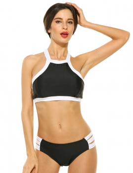 

Black Halter Contrast Trim Ladder Cut Out Swimwear Swimsuit, Multicolor