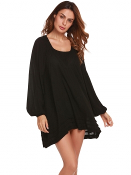 

Black Solid Long Sleeve Asymmetrical Beach Bikini Cover-up, Multicolor