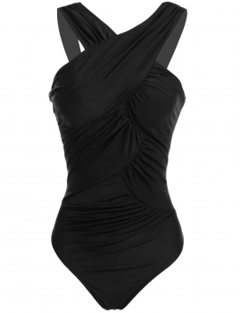 

Black Halter Padded Ruched Cross One Piece Swimwear, Multicolor