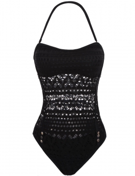 

Black Crochet Lace Halter Straps One Piece Swimsuits, Multicolor